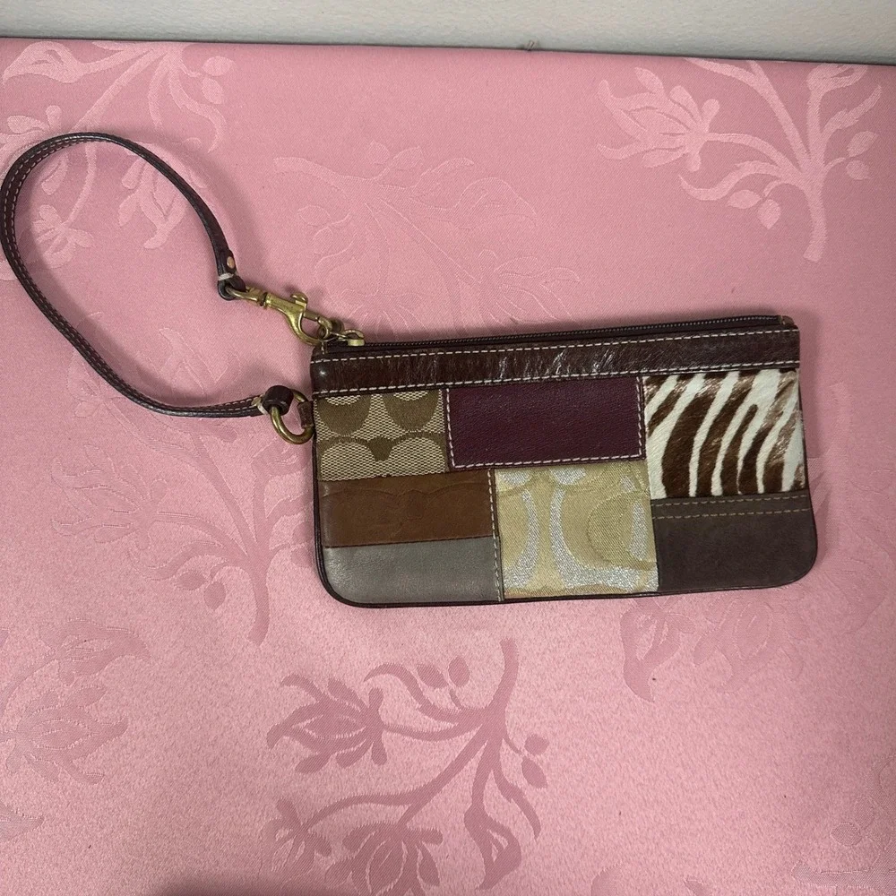Coach Patchwork Wristlet Bag Leather Suede Zebra Hair Calf Brown Multi